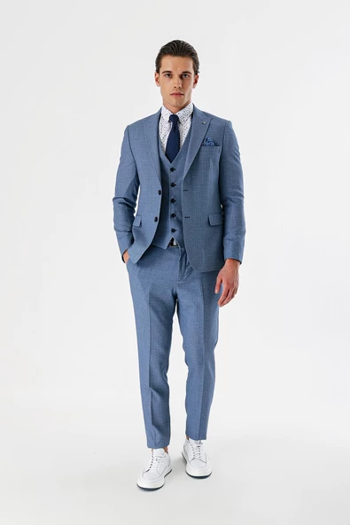 İndigo Mavi Desenli Kırlangıç Yaka Yelekli 6 Drop Slim Fit Dar Kesim Klasik Takım Elbise 1001240157 - 5