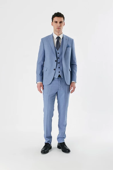 Mavi Desenli Kırlangıç Yaka Yelekli 6 Drop Slim Fit Dar Kesim Klasik Takım Elbise 1001240157 - 5