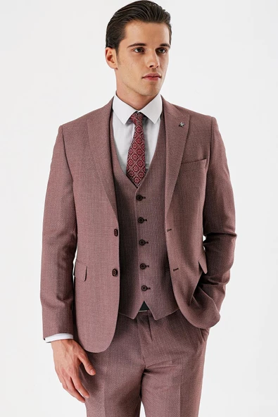 Koyu Vizon Desenli Kırlangıç Yaka Yelekli 6 Drop Slim Fit Dar Kesim Klasik Takım Elbise 1001240157 - 2