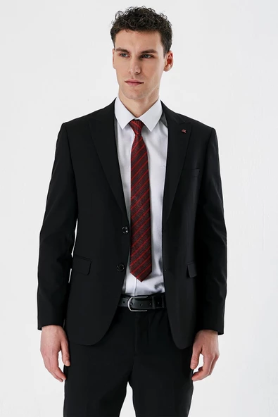 Siyah Düz Kırlangıç Yaka Likralı 6 Drop Slim Fit Dar Kesim Klasik Takım Elbise 1001240161 - Resim 6