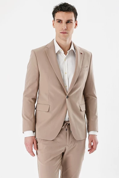 Taş Rengi Mono Yaka Çift Yırtmaç Likralı 6 Drop Slim Fit Dar Kesim Klasik Takım Elbise 1001240164 - 4