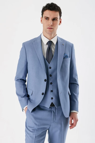 Mavi Desenli Kırlangıç Yaka Yelekli 6 Drop Slim Fit Dar Kesim Klasik Takım Elbise 1001240157 - 3