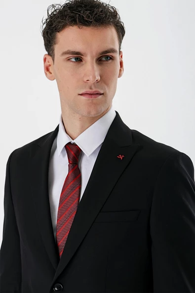 Siyah Düz Kırlangıç Yaka Likralı 6 Drop Slim Fit Dar Kesim Klasik Takım Elbise 1001240161 - Resim 7