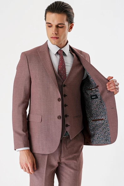 Koyu Vizon Desenli Kırlangıç Yaka Yelekli 6 Drop Slim Fit Dar Kesim Klasik Takım Elbise 1001240157 - 6