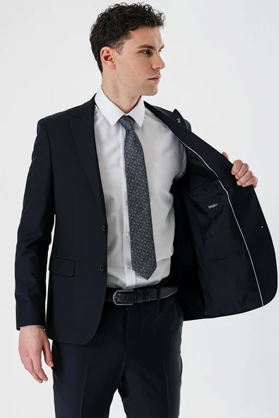 Koyu Lacivert Kırlangıç Yaka Yünlü Likralı 6 Drop Slim Fit Dar Kesim Klasik Takım Elbise 1001240158 - 5
