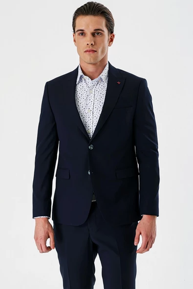 Lacivert Düz Kırlangıç Yaka Likralı 6 Drop Slim Fit Dar Kesim Klasik Takım Elbise 1001240161 - 5