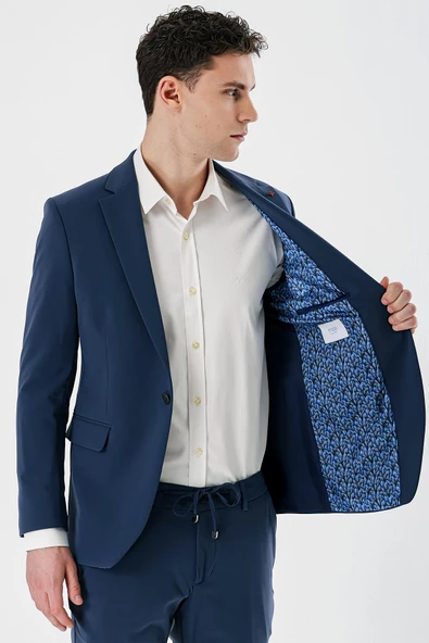 İndigo Mavi Mono Yaka Çift Yırtmaç Likralı 6 Drop Slim Fit Dar Kesim Klasik Takım Elbise 1001240164 - 2