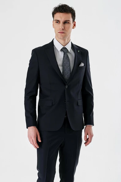 Koyu Lacivert Kırlangıç Yaka Yünlü Likralı 6 Drop Slim Fit Dar Kesim Klasik Takım Elbise 1001240158 - 2