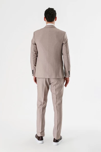 Bej Desenli Kırlangıç Yaka Yelekli 6 Drop Slim Fit Dar Kesim Klasik Takım Elbise 1001240157 - Resim 4