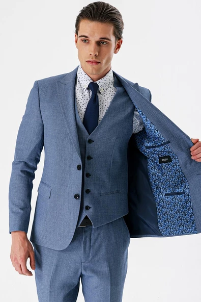 İndigo Mavi Desenli Kırlangıç Yaka Yelekli 6 Drop Slim Fit Dar Kesim Klasik Takım Elbise 1001240157 - 8