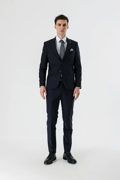 Koyu Lacivert Kırlangıç Yaka Yünlü Likralı 6 Drop Slim Fit Dar Kesim Klasik Takım Elbise 1001240158 - 6