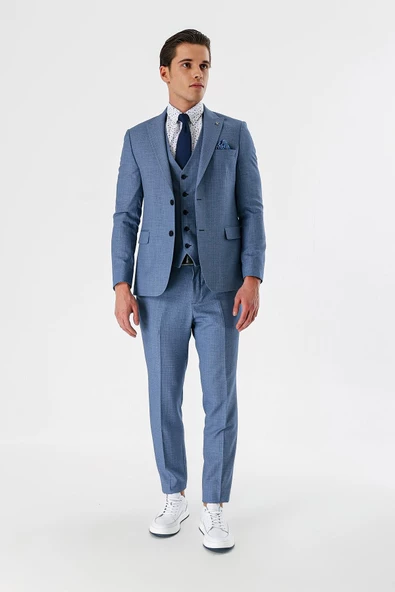İndigo Mavi Desenli Kırlangıç Yaka Yelekli 6 Drop Slim Fit Dar Kesim Klasik Takım Elbise 1001240157 - 6