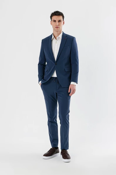 İndigo Mavi Mono Yaka Çift Yırtmaç Likralı 6 Drop Slim Fit Dar Kesim Klasik Takım Elbise 1001240164 - 6