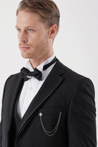 Siyah Armürlü Çıkarılabilir Mono Yaka Yelekli 6 Drop Slim Fit Smokin Damatlık Takım 1001230202 - Resim 6