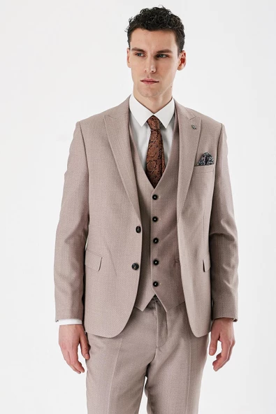 Bej Desenli Kırlangıç Yaka Yelekli 6 Drop Slim Fit Dar Kesim Klasik Takım Elbise 1001240157 - Resim 3