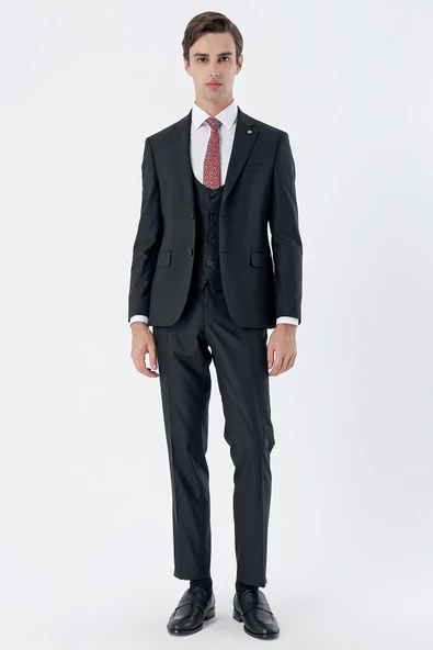 Siyah Mono Yaka Astarlı Çift Yırtmaç Yelekli 6 Drop Slim Fit Dar Kesim Basic Takım 1001230186 - Resim 4