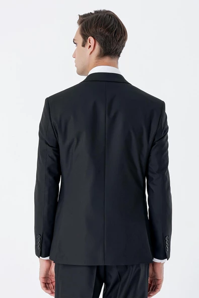 Siyah Mono Yaka Astarlı Çift Yırtmaç Yelekli 6 Drop Slim Fit Dar Kesim Basic Takım 1001230186 - Resim 7