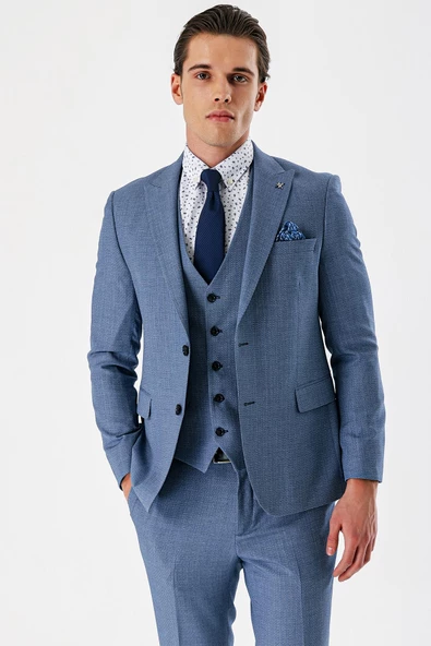 İndigo Mavi Desenli Kırlangıç Yaka Yelekli 6 Drop Slim Fit Dar Kesim Klasik Takım Elbise 1001240157