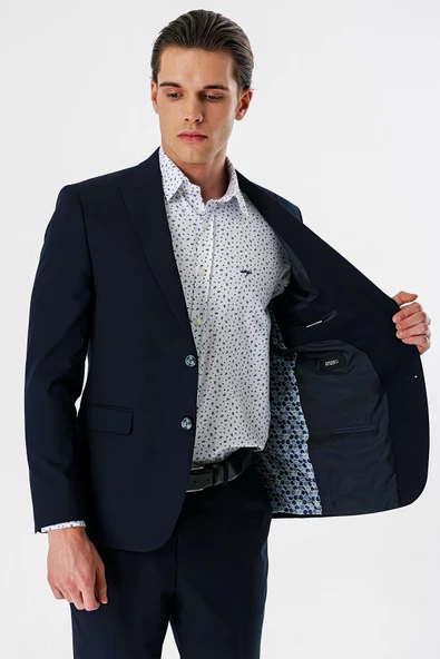 Lacivert Düz Kırlangıç Yaka Likralı 6 Drop Slim Fit Dar Kesim Klasik Takım Elbise 1001240161 - 8