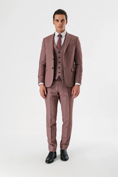 Koyu Vizon Desenli Kırlangıç Yaka Yelekli 6 Drop Slim Fit Dar Kesim Klasik Takım Elbise 1001240157 - 4
