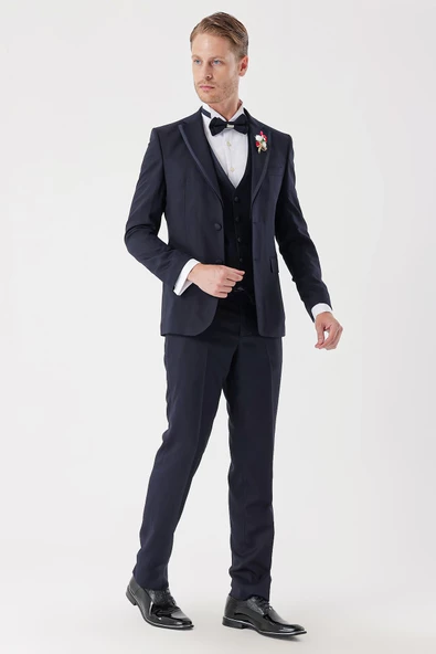 Koyu Lacivert Çıkarılabilir Mono Yaka Yelekli 6 Drop Slim Fit Smokin Damatlık Takım 1001230202 - Resim 4
