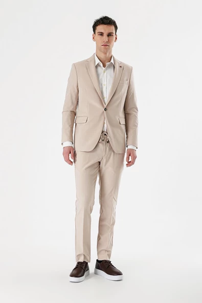 Açık Bej Mono Yaka Çift Yırtmaç Likralı 6 Drop Slim Fit Dar Kesim Klasik Takım Elbise 1001240164 - 8