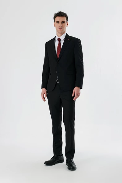 Siyah Düz Kırlangıç Yaka Likralı 6 Drop Slim Fit Dar Kesim Klasik Takım Elbise 1001240161 - Resim 5