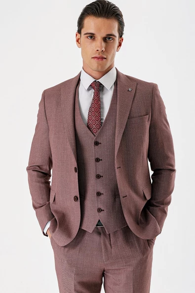Koyu Vizon Desenli Kırlangıç Yaka Yelekli 6 Drop Slim Fit Dar Kesim Klasik Takım Elbise 1001240157