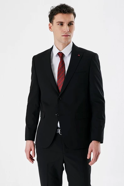 Siyah Düz Kırlangıç Yaka Likralı 6 Drop Slim Fit Dar Kesim Klasik Takım Elbise 1001240161 - Resim 2