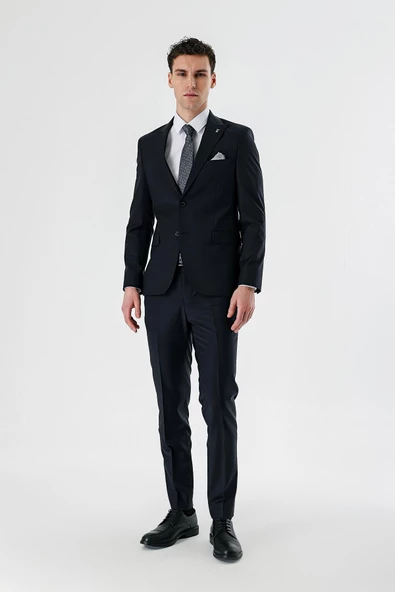 Koyu Lacivert Kırlangıç Yaka Yünlü Likralı 6 Drop Slim Fit Dar Kesim Klasik Takım Elbise 1001240158 - 7
