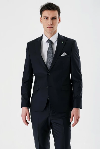 Koyu Lacivert Kırlangıç Yaka Yünlü Likralı 6 Drop Slim Fit Dar Kesim Klasik Takım Elbise 1001240158 - 3