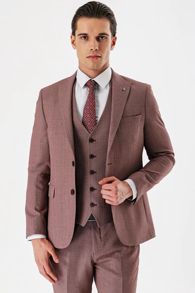 Koyu Vizon Desenli Kırlangıç Yaka Yelekli 6 Drop Slim Fit Dar Kesim Klasik Takım Elbise 1001240157 - 3