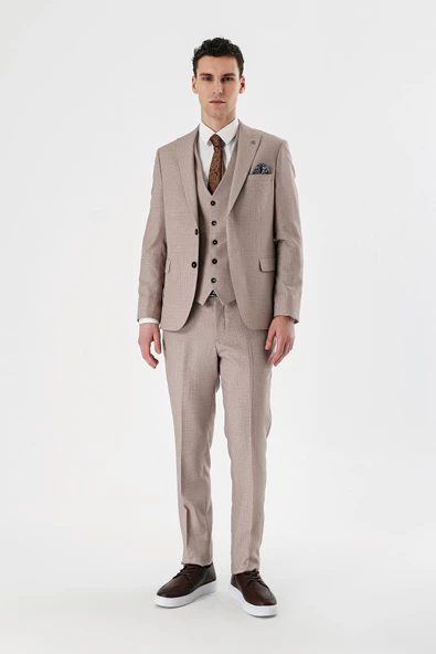 Bej Desenli Kırlangıç Yaka Yelekli 6 Drop Slim Fit Dar Kesim Klasik Takım Elbise 1001240157 - Resim 6