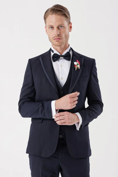 Koyu Lacivert Çıkarılabilir Mono Yaka Yelekli 6 Drop Slim Fit Smokin Damatlık Takım 1001230202 - Resim 5