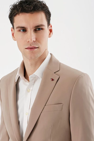 Taş Rengi Mono Yaka Çift Yırtmaç Likralı 6 Drop Slim Fit Dar Kesim Klasik Takım Elbise 1001240164 - 9