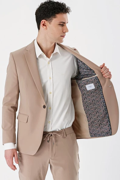 Taş Rengi Mono Yaka Çift Yırtmaç Likralı 6 Drop Slim Fit Dar Kesim Klasik Takım Elbise 1001240164 - 7