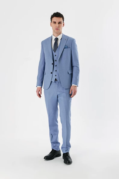 Mavi Desenli Kırlangıç Yaka Yelekli 6 Drop Slim Fit Dar Kesim Klasik Takım Elbise 1001240157 - 6