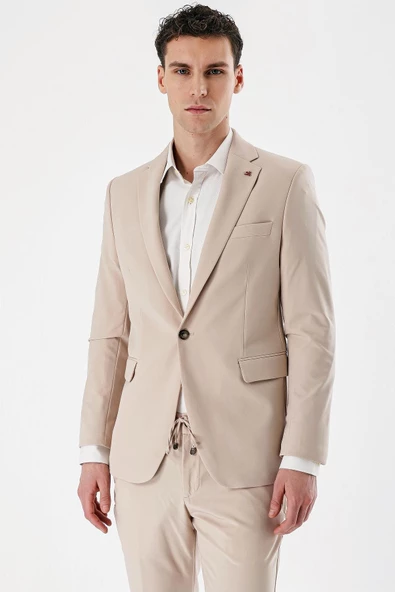 Açık Bej Mono Yaka Çift Yırtmaç Likralı 6 Drop Slim Fit Dar Kesim Klasik Takım Elbise 1001240164 - 5