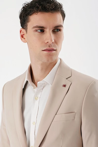 Açık Bej Mono Yaka Çift Yırtmaç Likralı 6 Drop Slim Fit Dar Kesim Klasik Takım Elbise 1001240164 - 2