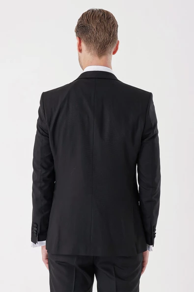 Siyah Armürlü Çıkarılabilir Mono Yaka Yelekli 6 Drop Slim Fit Smokin Damatlık Takım 1001230202 - Resim 7