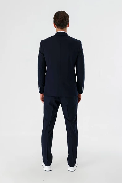 Lacivert Düz Kırlangıç Yaka Likralı 6 Drop Slim Fit Dar Kesim Klasik Takım Elbise 1001240161 - 9