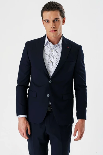 Lacivert Düz Kırlangıç Yaka Likralı 6 Drop Slim Fit Dar Kesim Klasik Takım Elbise 1001240161 - 4