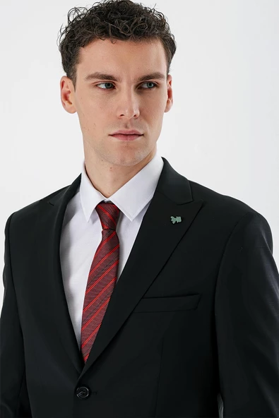 Siyah Kırlangıç Yaka Yünlü Likralı 6 Drop Slim Fit Dar Kesim Klasik Takım Elbise 1001240158 - 7