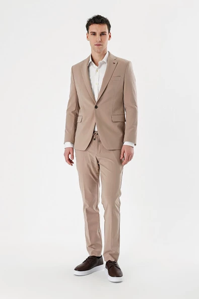Taş Rengi Mono Yaka Çift Yırtmaç Likralı 6 Drop Slim Fit Dar Kesim Klasik Takım Elbise 1001240164 - 6