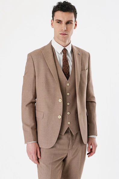 Camel Desenli Kırlangıç Yaka Yelekli 6 Drop Slim Fit Dar Kesim Klasik Takım Elbise 1001240157 - 4