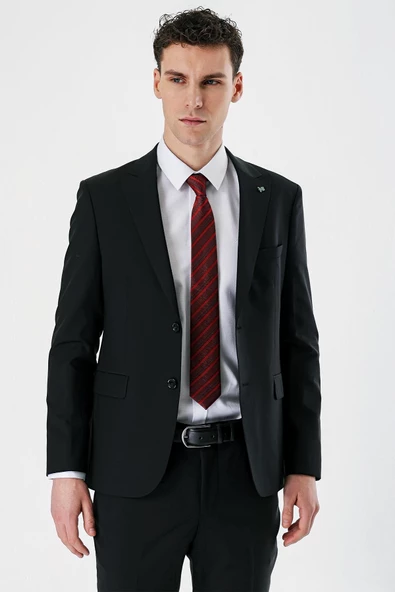 Siyah Kırlangıç Yaka Yünlü Likralı 6 Drop Slim Fit Dar Kesim Klasik Takım Elbise 1001240158 - 4
