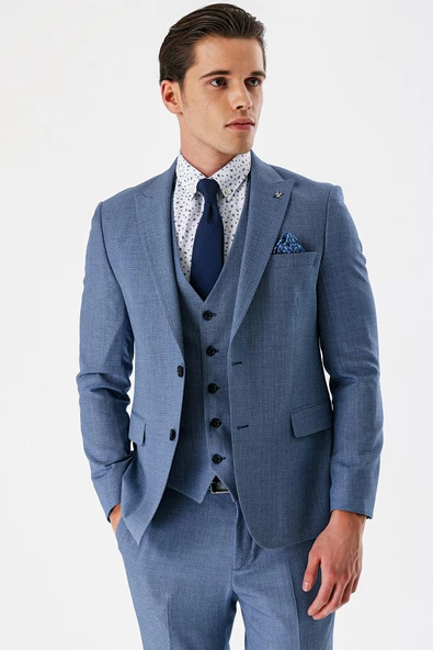 İndigo Mavi Desenli Kırlangıç Yaka Yelekli 6 Drop Slim Fit Dar Kesim Klasik Takım Elbise 1001240157 - 4