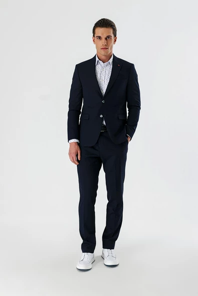 Lacivert Düz Kırlangıç Yaka Likralı 6 Drop Slim Fit Dar Kesim Klasik Takım Elbise 1001240161 - 6