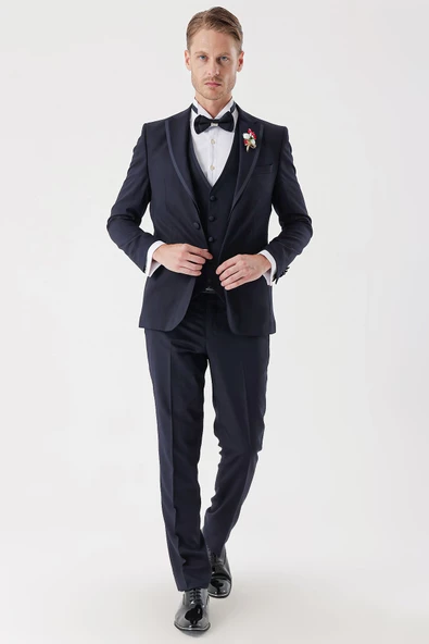 Koyu Lacivert Çıkarılabilir Mono Yaka Yelekli 6 Drop Slim Fit Smokin Damatlık Takım 1001230202 - Resim 6