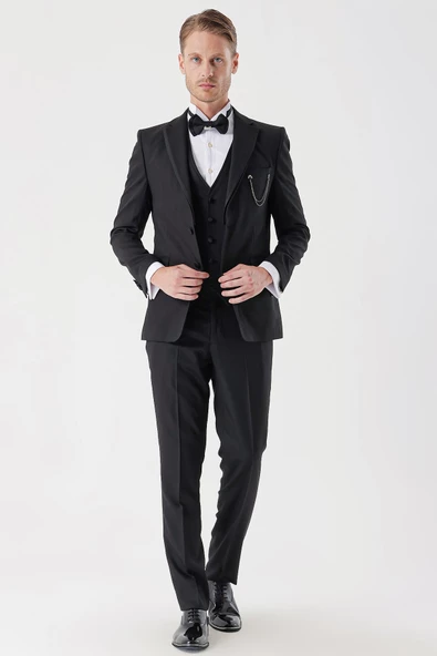 Siyah Armürlü Çıkarılabilir Mono Yaka Yelekli 6 Drop Slim Fit Smokin Damatlık Takım 1001230202 - Resim 5